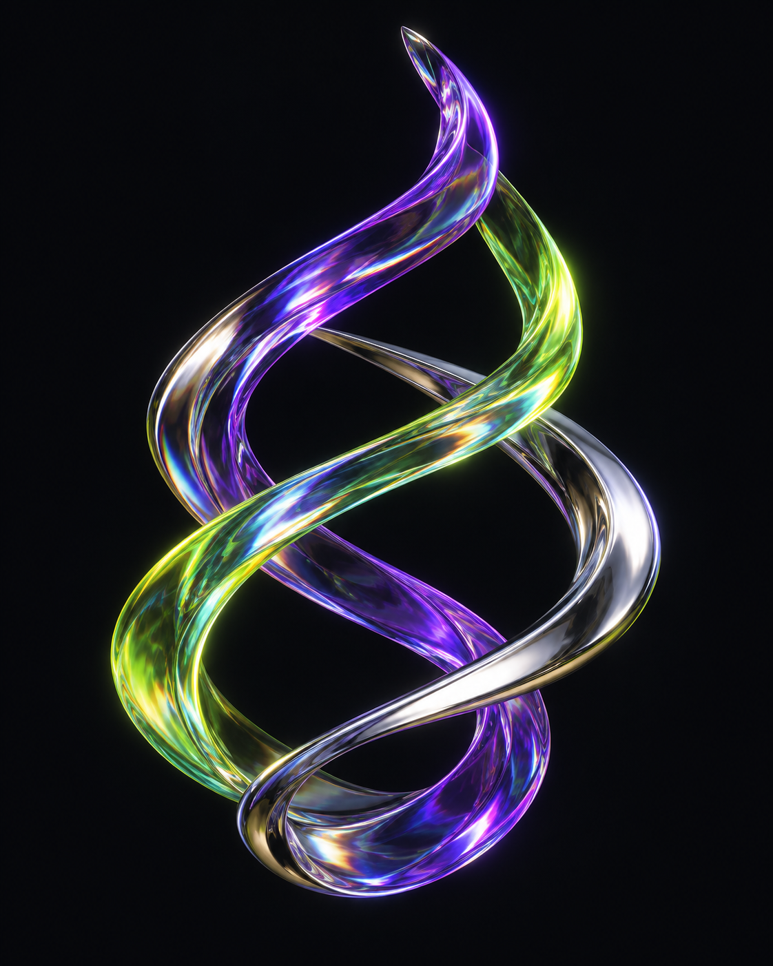 Iridescent violet, lime, and chrome ribbons rising together in an abstract sculpture.